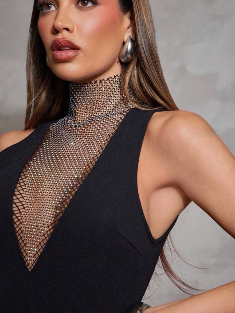 Sleeveless Black Mesh Plunge rhinestone Bodysuit